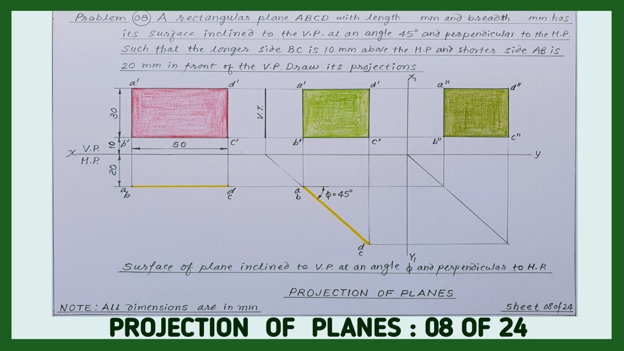 (08/24) Projection of planes : Plane inclined to V.P. at an angle Φ=45° & perpendicular to H.P.