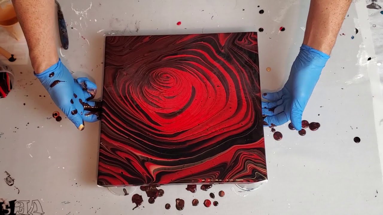 Acrylic Pouring | Wrecked Tree Ring Pour Technique | 3D | Looks like a rose! Red, Black and Gold
