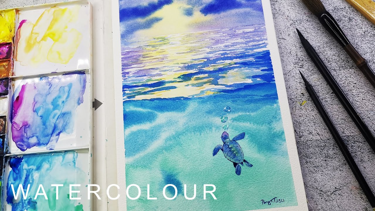 水彩画 海面 日落 海中 小海龟 - Watercolor painting sea surface, sunset, in the sea, small turtles