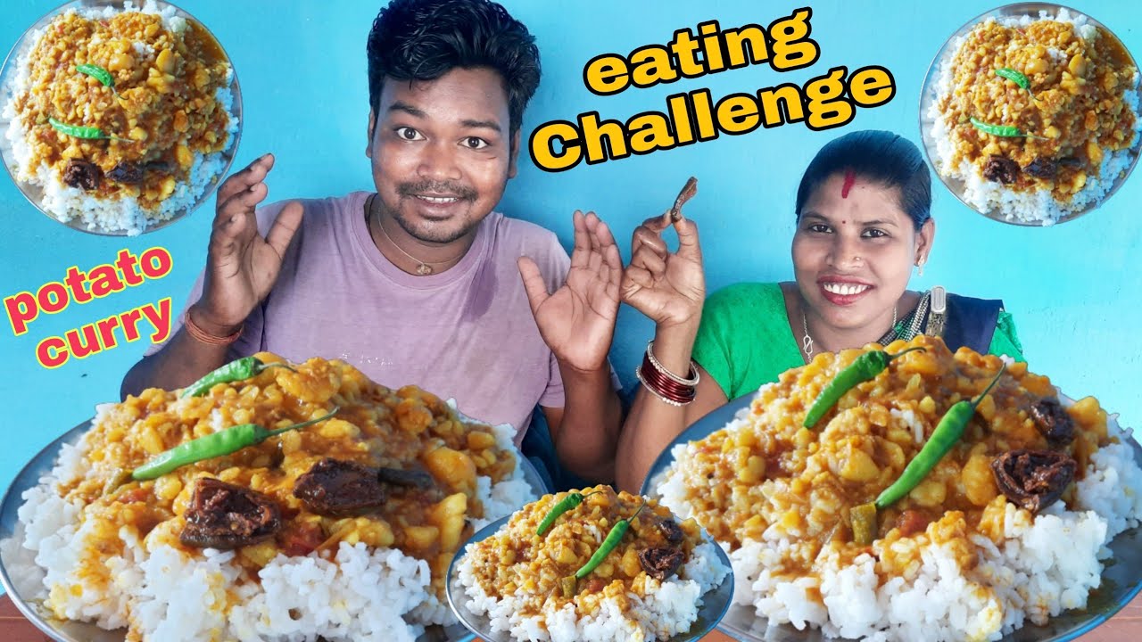 eating challenge | boiled potato tomato curry with rice eating | eating show