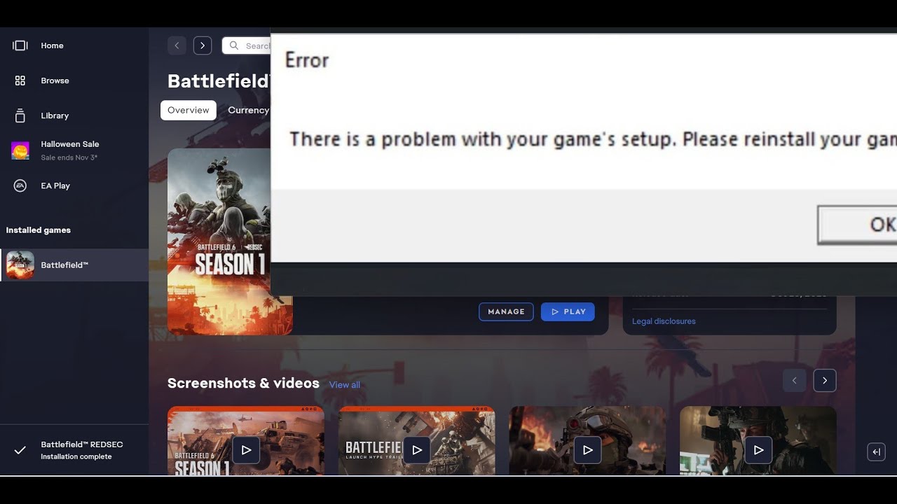 Исправление ошибки Battlefield 6 REDSEC. Возникла проблема с настройкой игры. Переустановите игру.