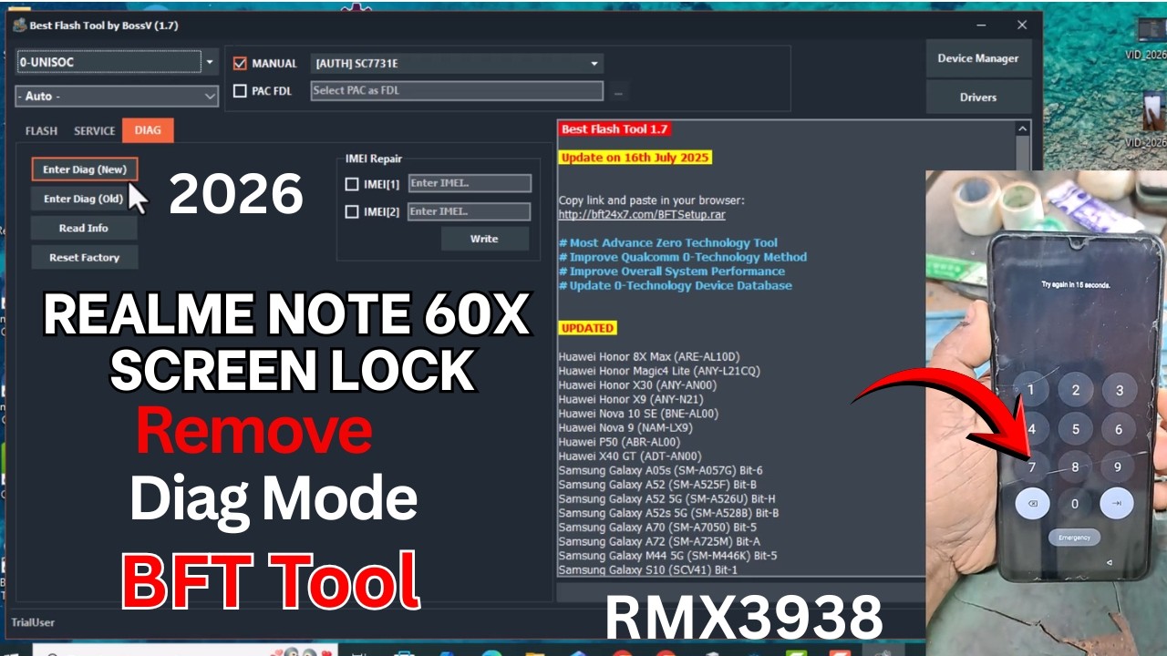 Realme Note 60X RMX3938 Screen/pin Lock Remove BFT Tool Diag Mode 2026