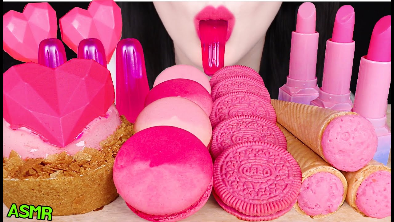 ASMR PINK FOODS *HEART CAKE, PINK OREO, EDIBLE LIPSTICK, PINK JELLO, PINK CHOCOLATE 먹방 JANE ASMR 제인