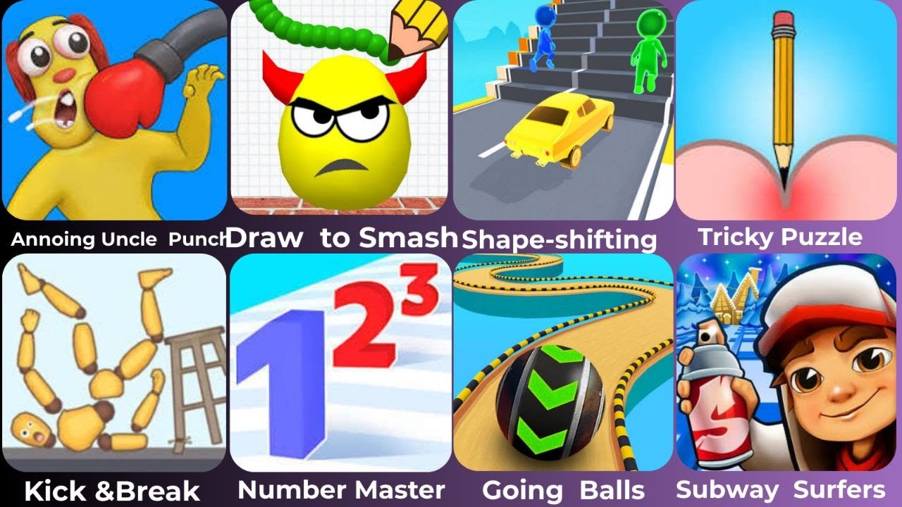 Annoying Uncle Punch, Draw to Smash,  Shape Shifting, Tricky  Puzzle  FUN BRAIN, Kick &Break Ragdoll