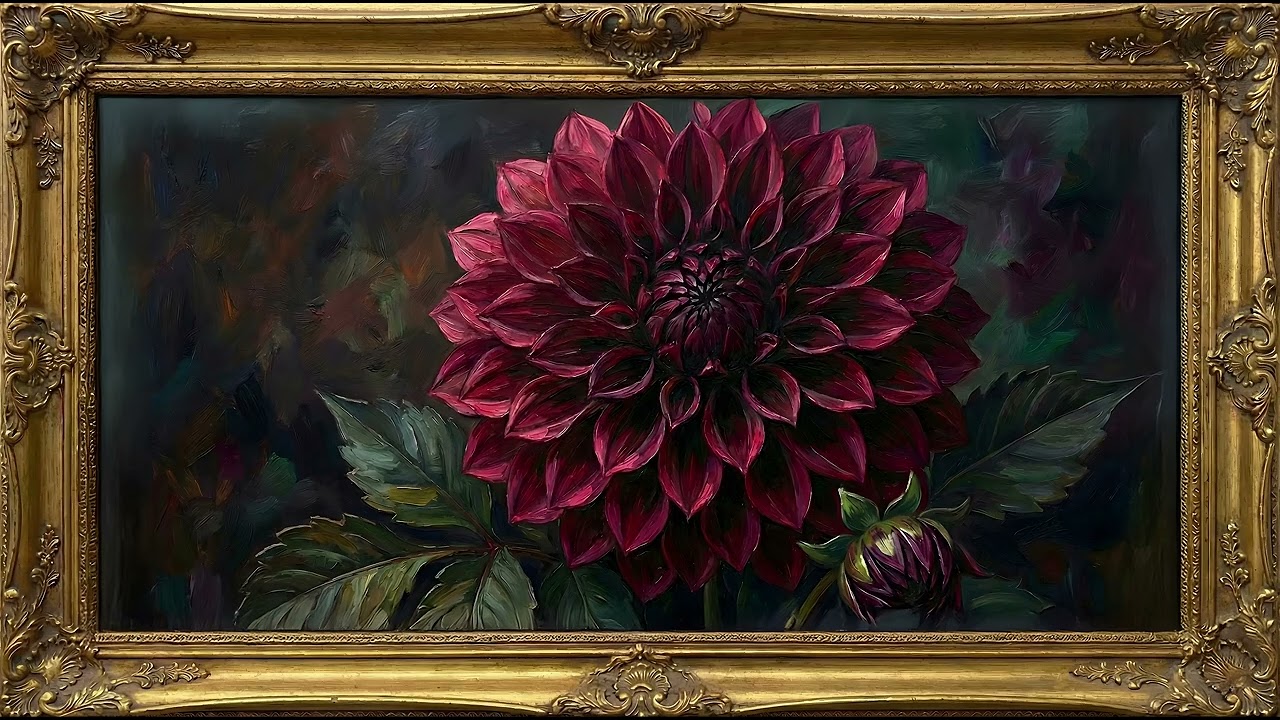 Dark Burgundy Dahlia | Gold Frame TV Art | 2 Hour Moody Floral Screensaver