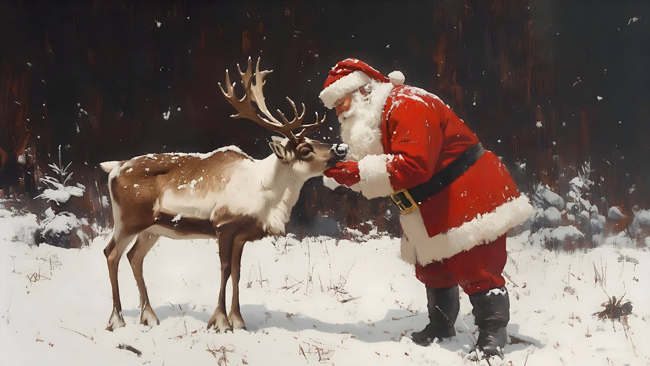 Heartwarming Christmas Screensaver: Santa and His Reindeer in the Snow Painting, Festive Tv Art