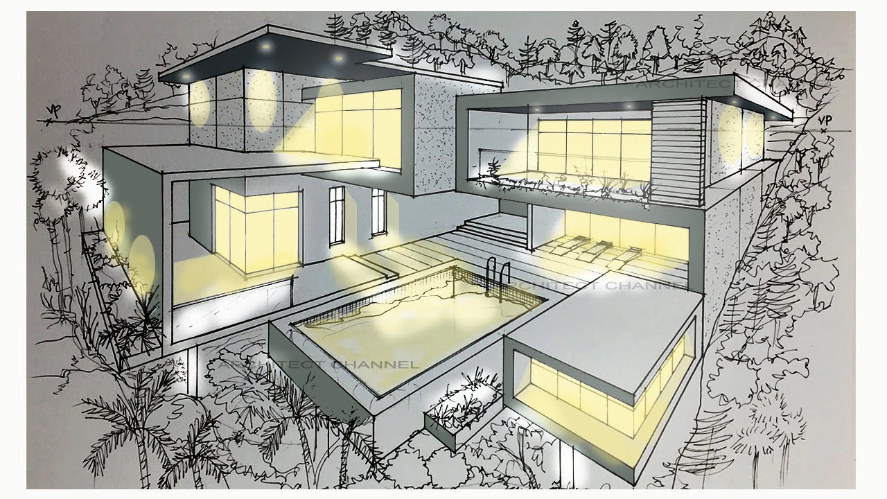 HOW TO DRAW 2 POINT PERSPECTIVE OF A LUXURY MODERN HOUSE.