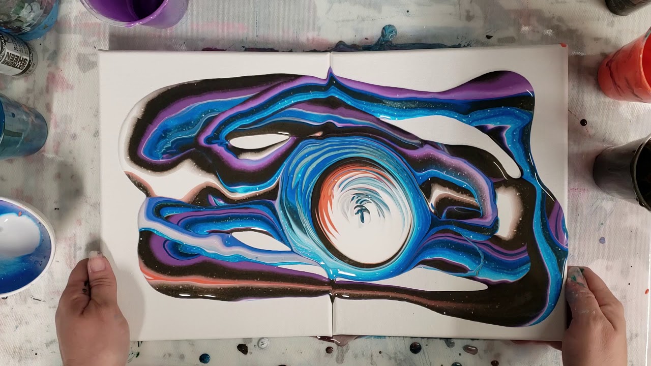 Acrylic pour diptych with purple, orange, and blue