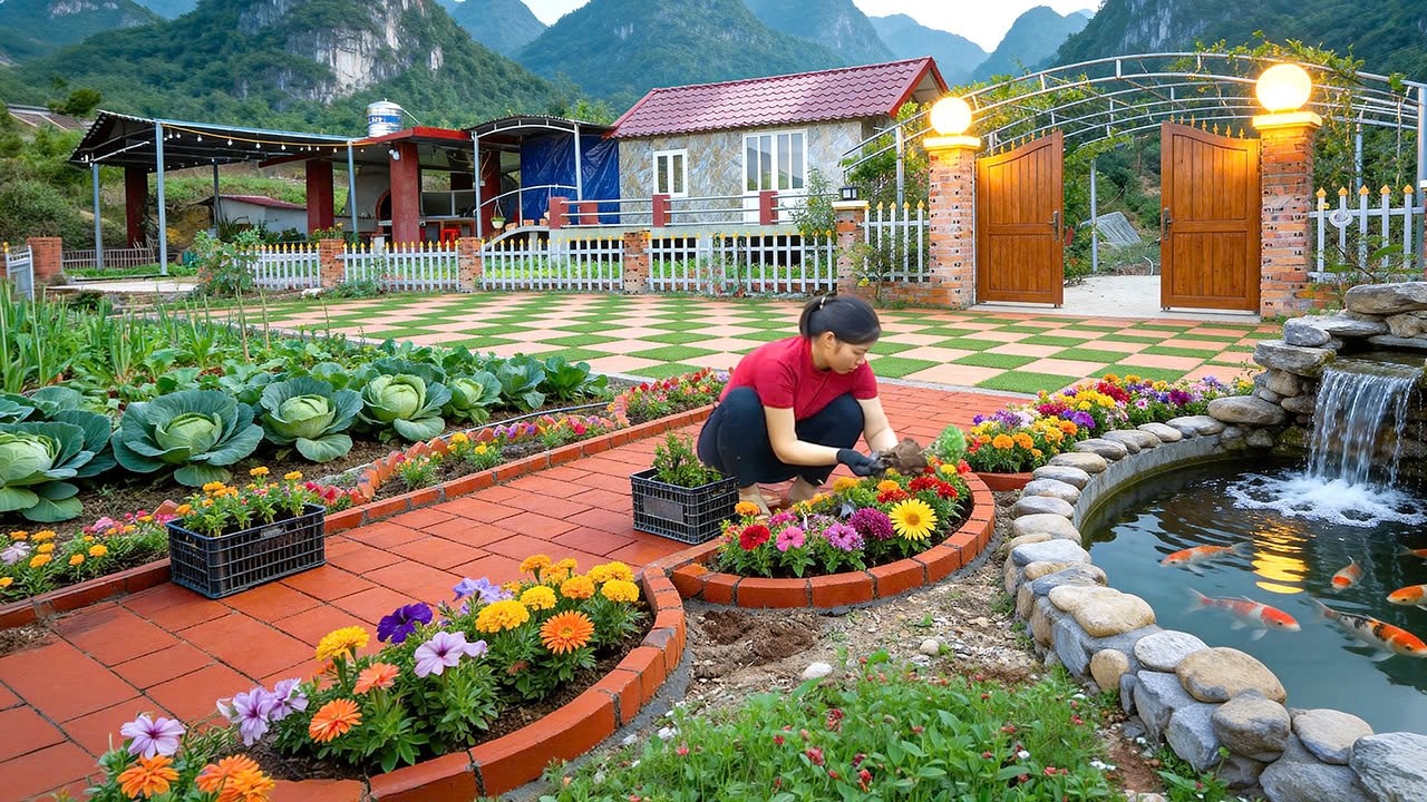 Brick Road Garden Construction | Building Semi-Circular Flower Beds on Both Sides