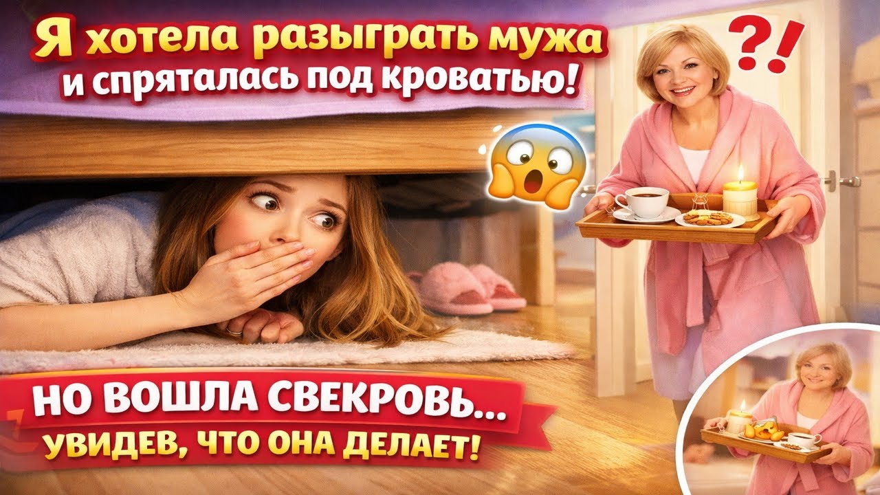 Я ХОТЕЛА РАЗЫГРАТЬ МУЖА И СПРЯТАЛАСЬ ПОД КРОВАТЬЮ  НО ВОШЛА СВЕКРОВЬ  УВИДЕВ, ЧТО ОНА ДЕЛАЕТ