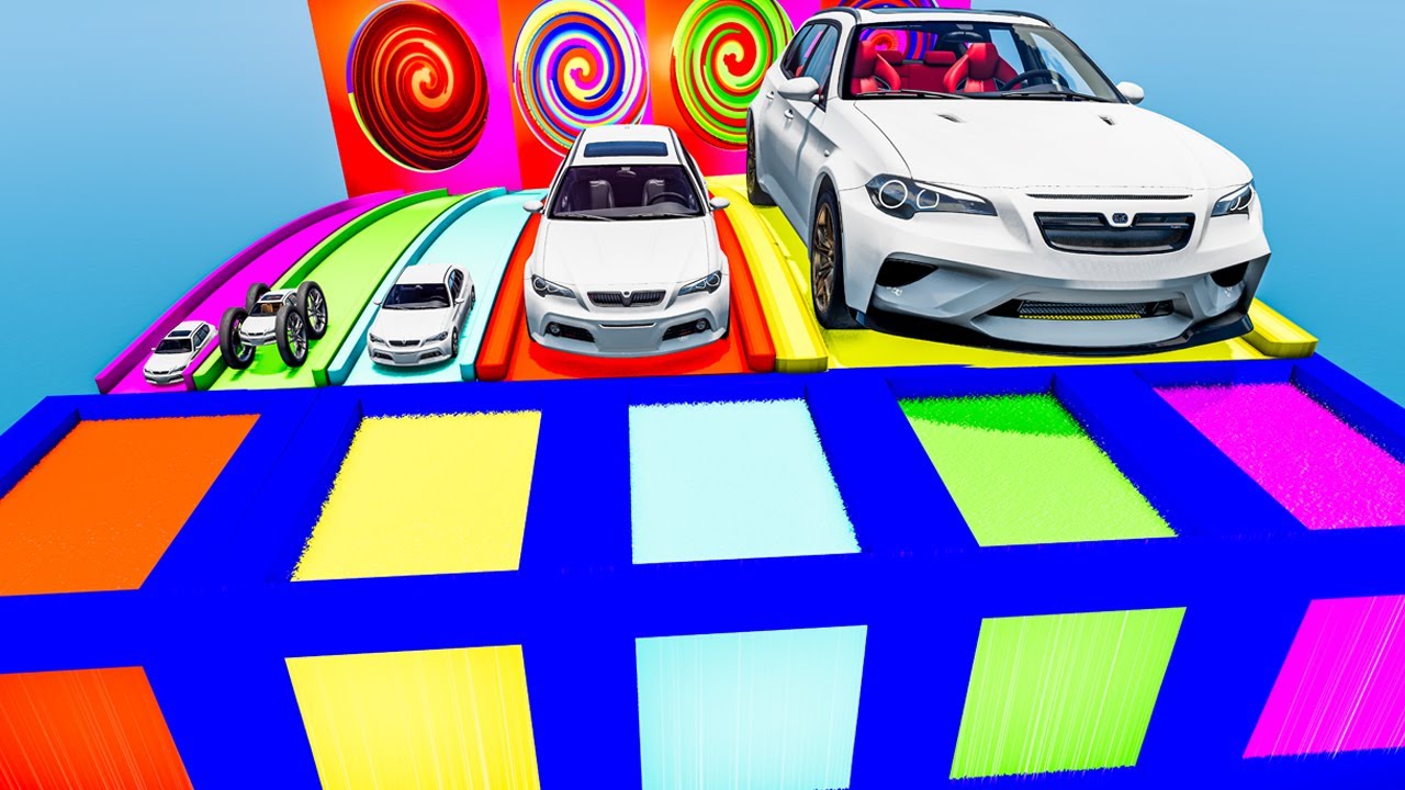Big & Small Cars vs Portal Trap with Slide Colors – Cars vs Train vs spinner vs River - BeamNG.Drive