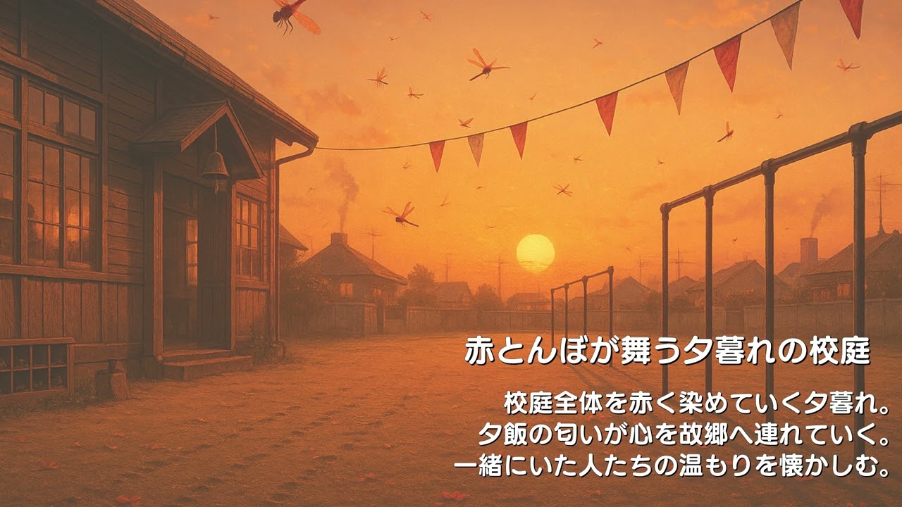 子どもの頃の校庭、朝露がきらめく朝と赤とんぼが舞う夕暮れ、どちらがあなたの心に近いですか？懐かしい昭和の思い出