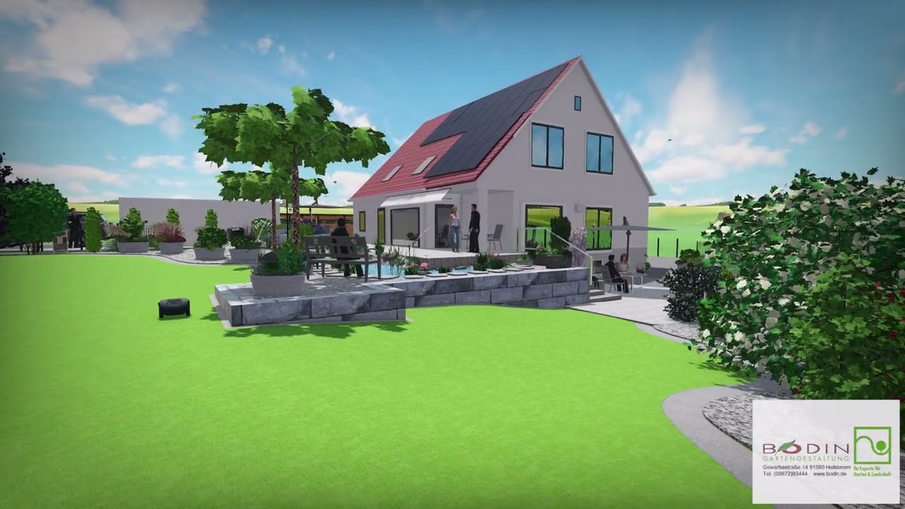 3D-Animation: Gartenplanung mit Bachlauf und Jumping-Jet-Wasserspiel