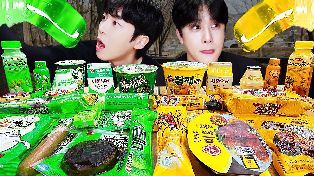 ASMR MUKBANG | GREEN VS YELLOW FOOD JELLY CANDY Desserts(Noodles Jelly, chocolate) Convenience store