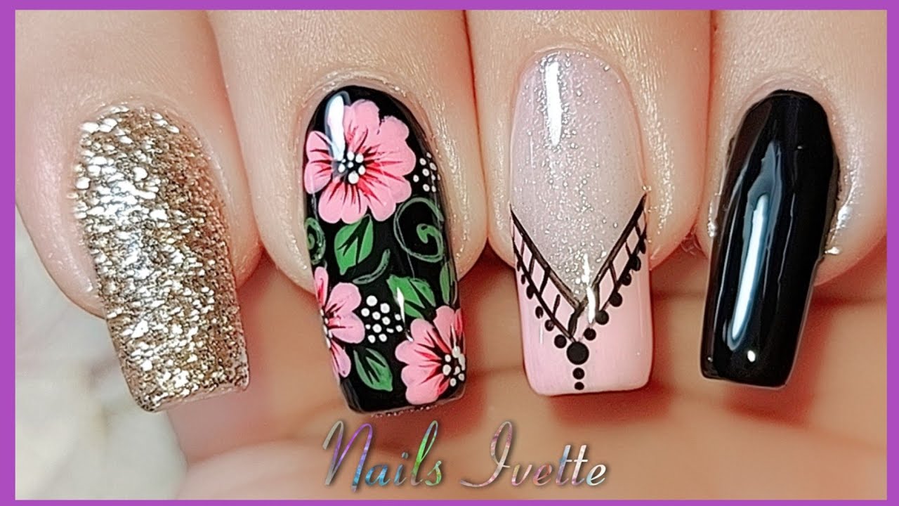 MUY LINDAS EN NEGRO 😍 Diseño de Uñas negro, rosado y dorado / Uñas decoradas flores / Nail Art