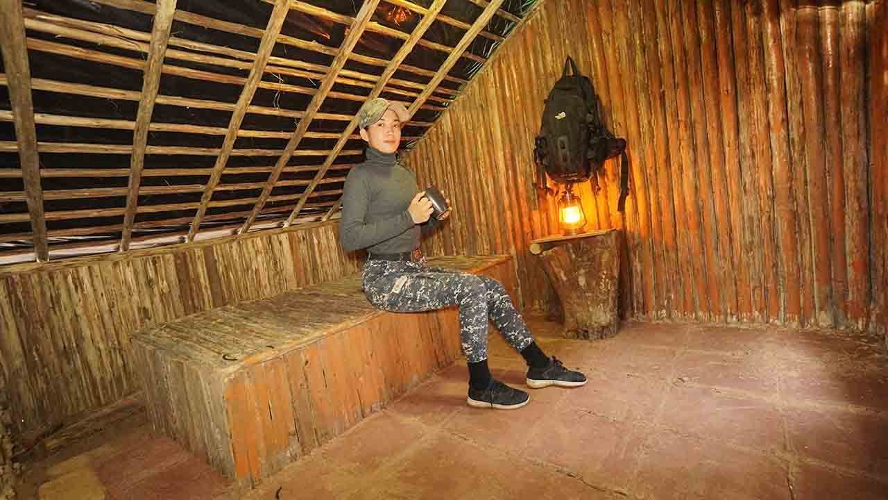 BUSHCRAFT 90days Building Complete Survival Shelter Log cabin roof, Clay Fireplace, A lone Forest