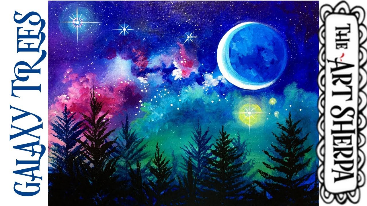 Easy how to paint and Draw Galaxy Stars landscape Fan brush Tree Tricks for beginners | TheArtSherpa