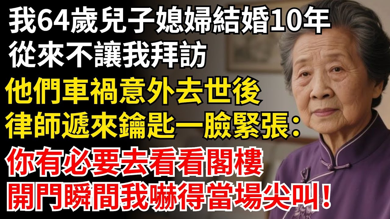 我64歲兒子媳婦結婚10年，從來不讓我拜訪，他們車禍意外去世後，律師遞來鑰匙：你有必要去看看閣樓，開門瞬間我嚇得尖叫！#晚年生活#中老年生活#為人處世#生活經驗#情感故事#幸福人生#上了年紀該明白的事
