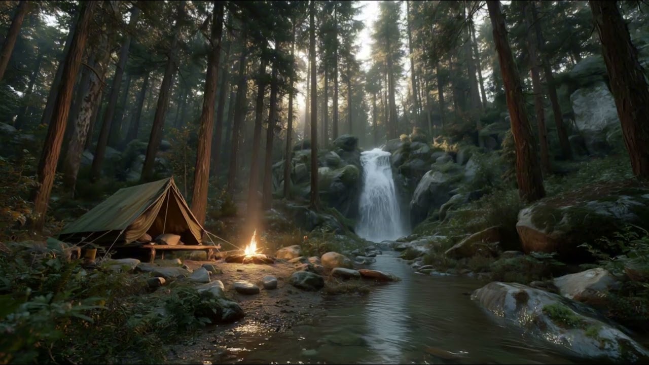 Cozy Camping by a Waterfall 🔥 Tent, Sleep, Campfire & Nature Sounds for Relaxation (2 Hour)