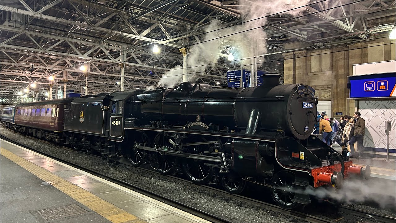 Black 5 45407 The Lancashire Fusilier departs Edinburgh on 1712 Polar Express. 47802 on the rear 🚂