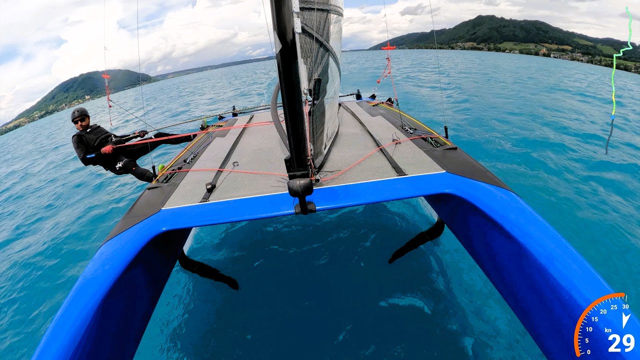 Awesome 29kn upwind A-Class foiling catamaran - personal speed record