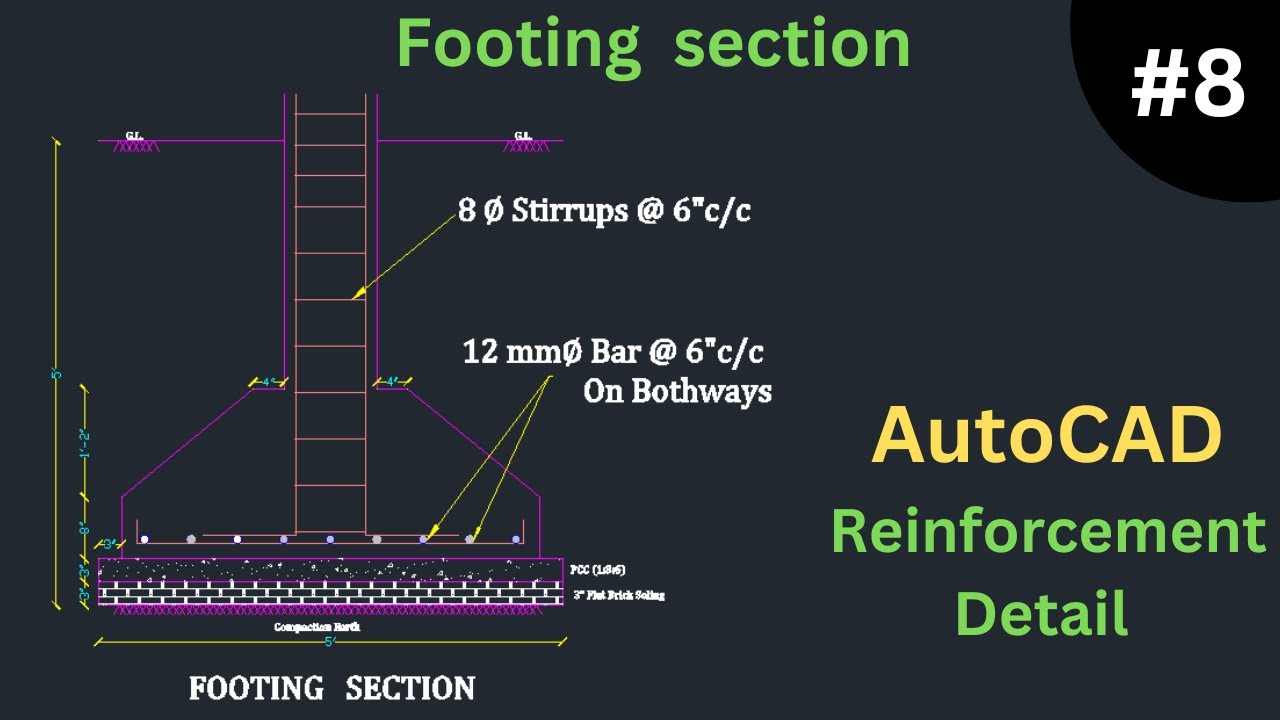Footing Section with Reinforcement Detail in AutoCAD | Foundation Reinforcement Detail | Tech Yatra