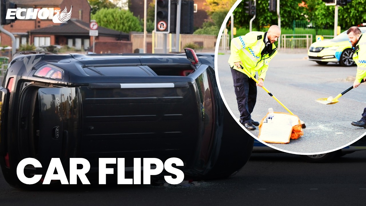 Car FLIPPED on its side after crash on major junction