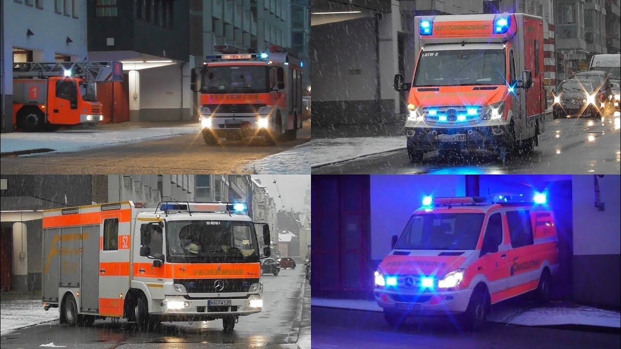 [Schneegestöber in Hagen-Mitte] Einsatzfahrten Feuer- und Rettungswache Mitte in Hagen im Schnee
