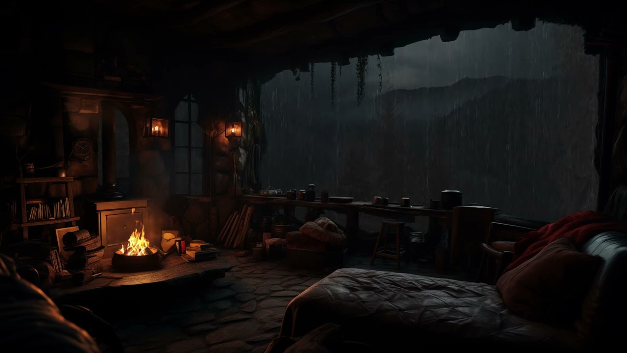 Cozy Rainy Night in Forest Cabin (No Ads) 🌧️ Warm Fireplace Sounds for Calm Sleep