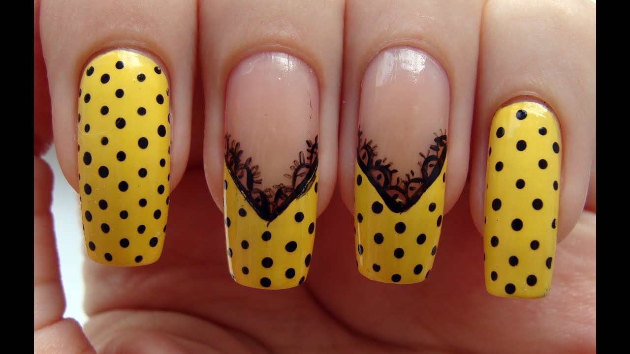 Нежный маникюр с кружевом и горошком // Delicate design nails with lace and peas