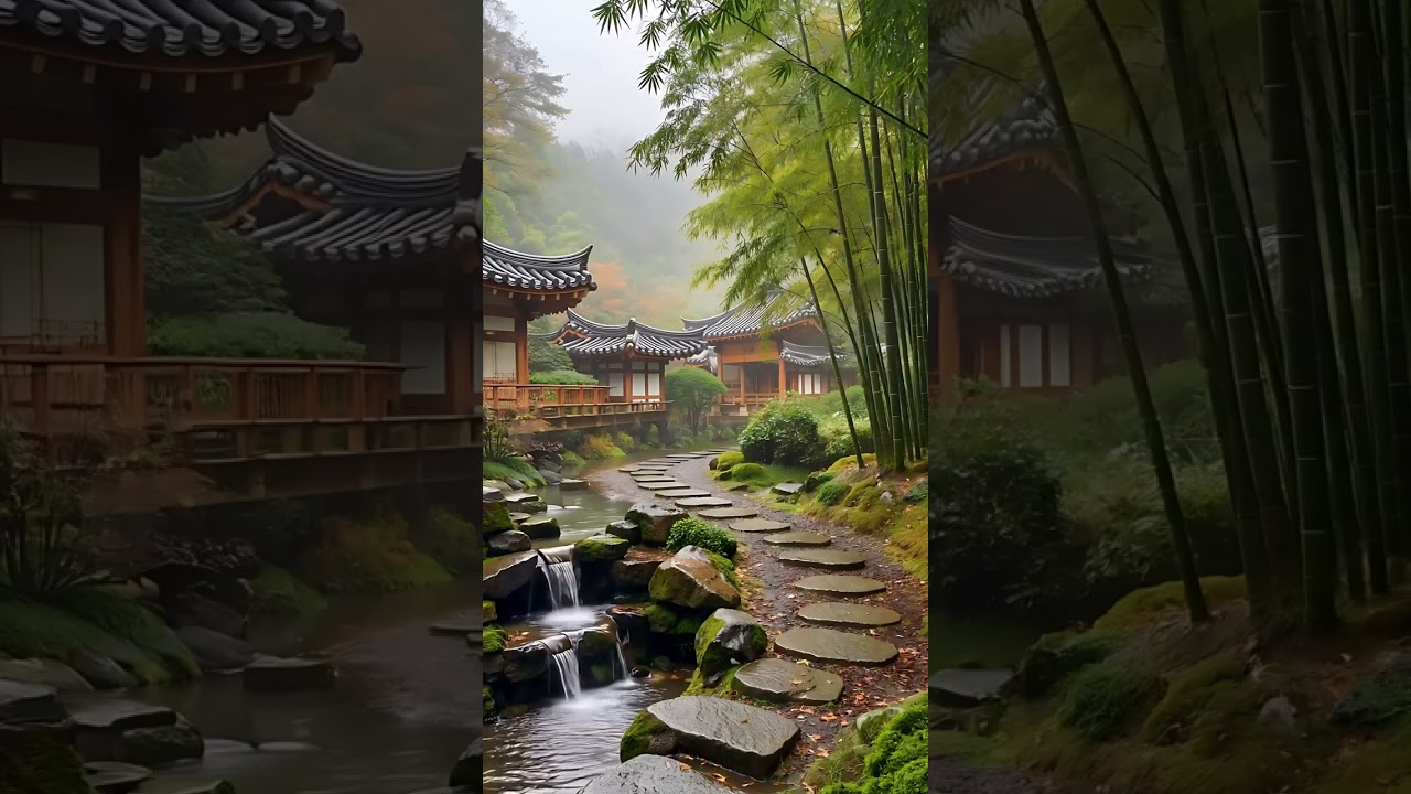 4K Relaxing Korean Garden with Flowing Rock River | Nature Sounds for Sleep, Study, Meditation