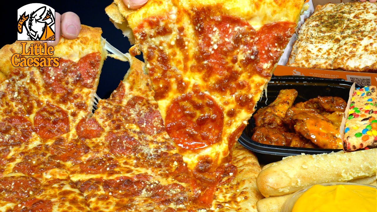 ASMR MUKBANG LITTLE CAESARS EXTRA CHEESY PIZZA, CHEESE BREAD, CHICKEN WINGS | WITH CHEESE & RANCH
