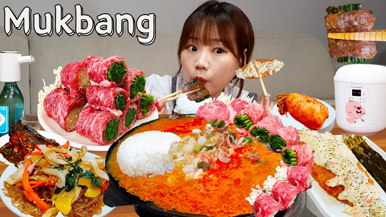 Sub)Real Mukbang- Говяжий рулет 🥩 Тушеная паста с фасолью, лапша 🥘 (Корейская домашняя еда 🍱) ASMR