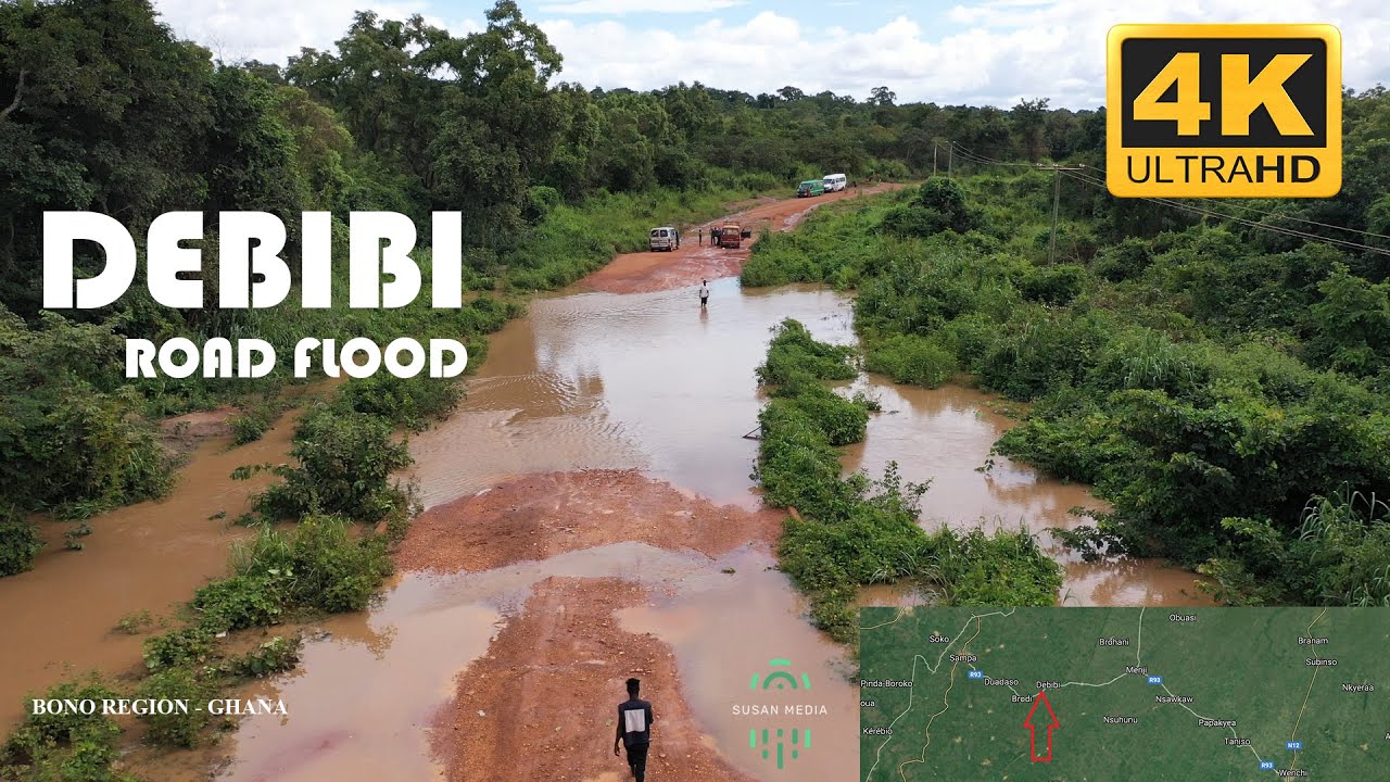 Debibi Road Flood Aerial View in the Tain District on the Wenchi Sampa Road Bono Region Ghana 4K