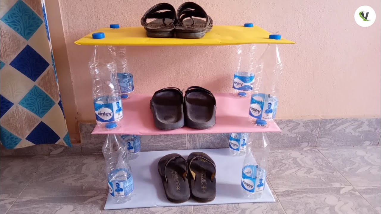 Plastic Bottle Craft Ideas | Reuse waste water bottle into shoe rack.