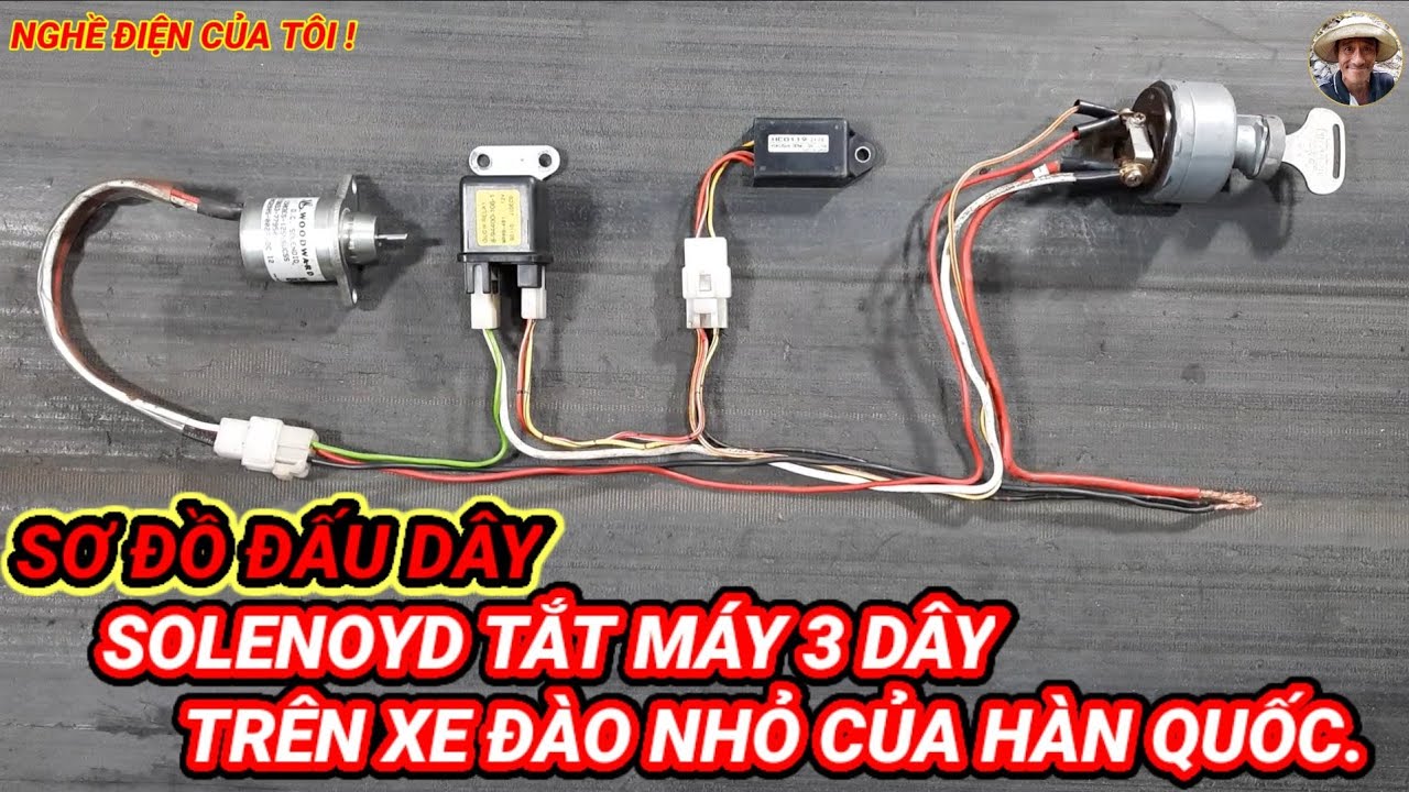 Sơ đồ đấu dây của solenoyd tắt máy 3 dây trên xe đào nhỏ của Hàn quốc.