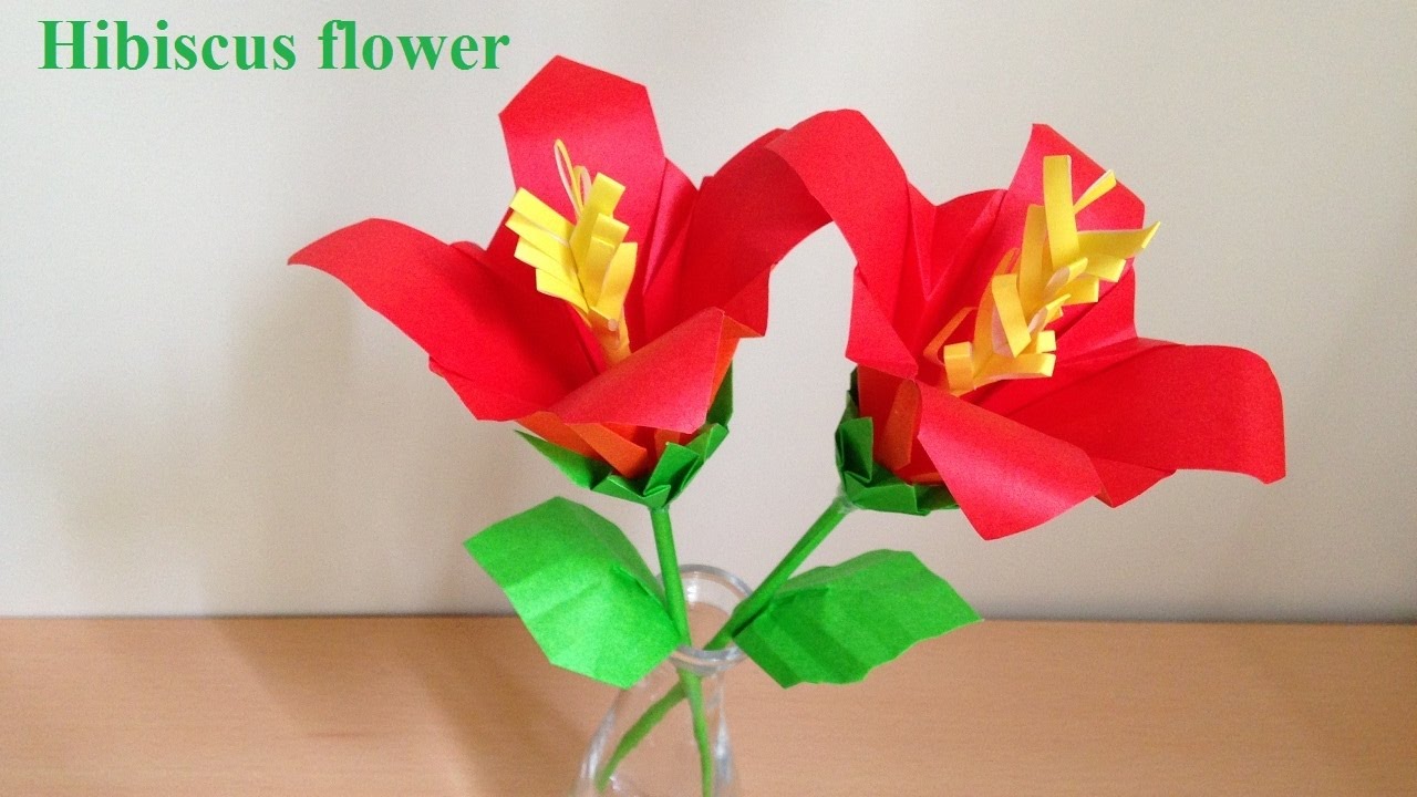 折り紙 花 ハイビスカスと葉 立体 折り方（niceno1）Origami hibiscus flower and leaves 3D