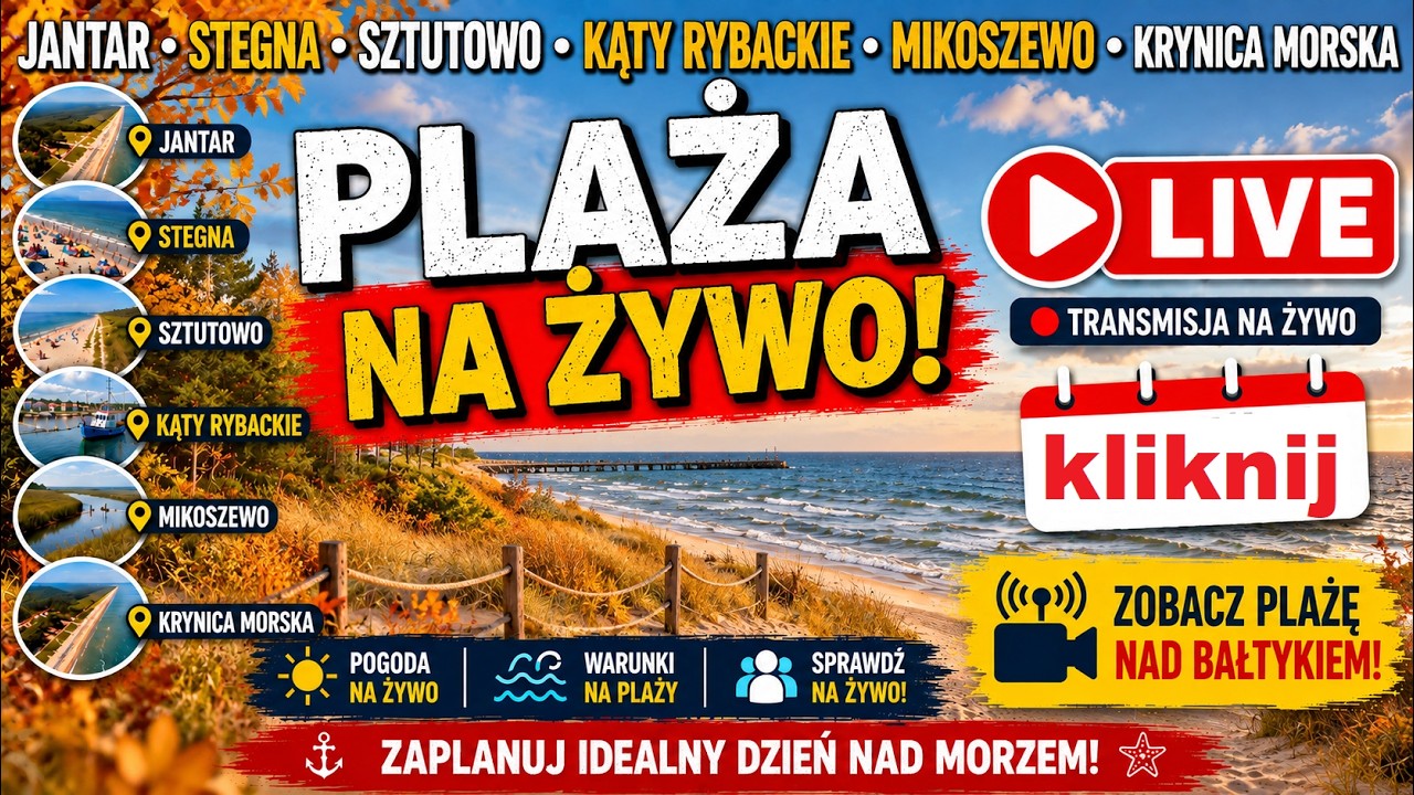 🏖️ Jantar, Stegna, Sztutowo, Kąty Rybackie, Mikoszewo i Krynica Morska 🌊☀️Plaże na żywo 19.09.2026❤️