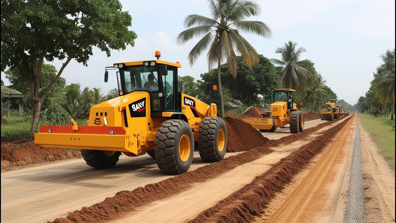 The road construction project in a village with heavy machine graders working to prepare the road