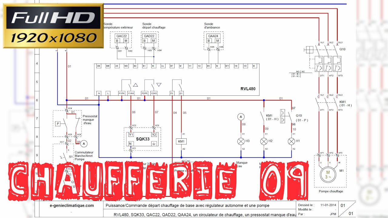 Chaufferie09-Schéma électrique-Explications départ chauffage de base-RVL480-vanne 3 voies-les sondes