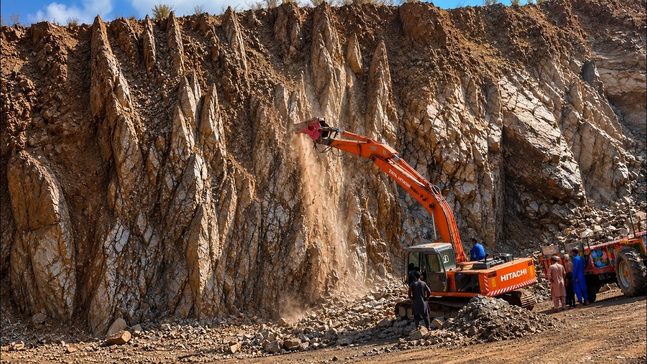 Hitachi Excavator Dangerously Demolishes a Massive Mountainside#excavator 