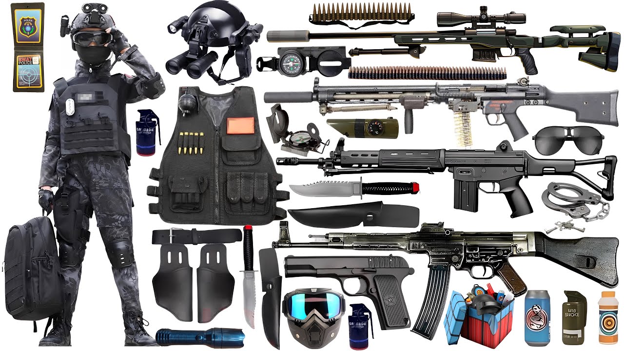 Special police weapon toy set unboxing, M249 light machine gun,rocket launcher, SVD sniper rifle