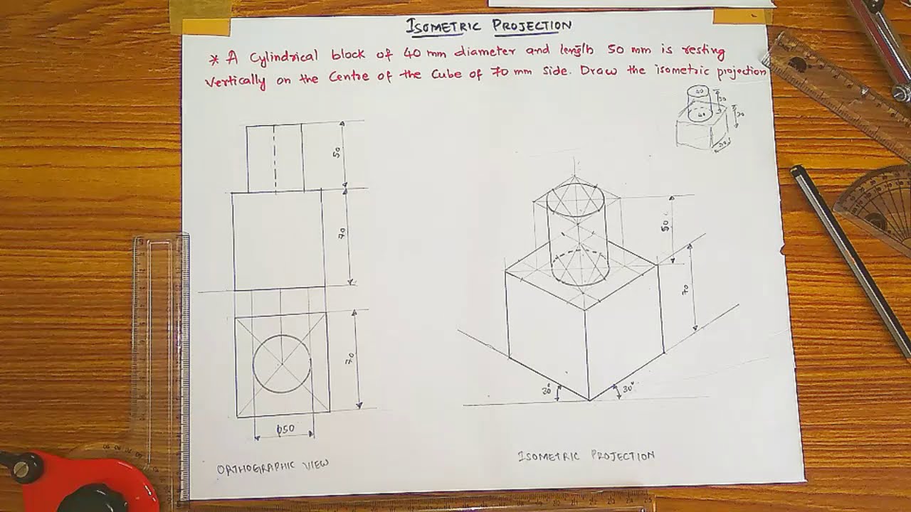 Isometric projection of Cube having Cylindrical block (English)