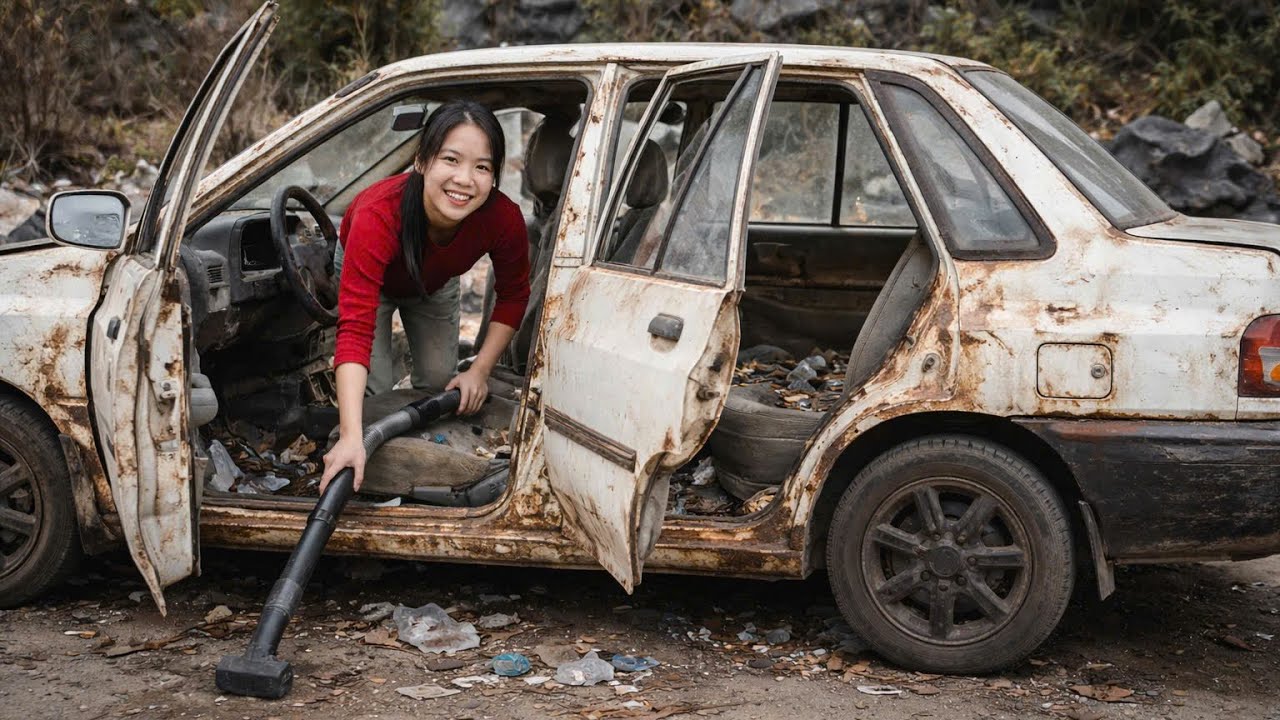 The process of the girl restoring the old car so that it could be used again.