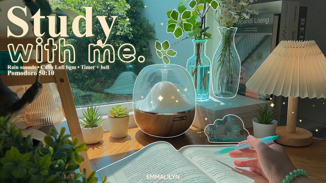 🍀4-HOUR Study With Me &bull; Rain sounds☔+ Calm Lofi bgm &bull; Pomodoro 50-10 &bull; Day310🩵