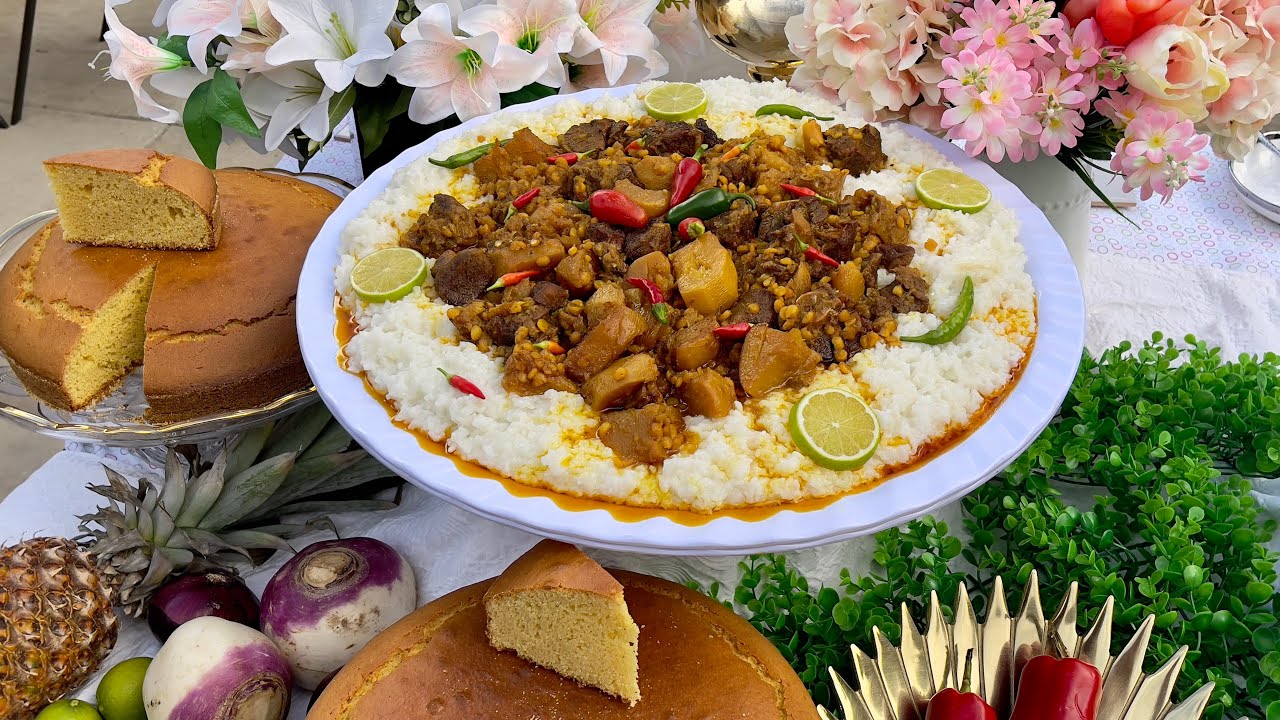 Shalgham Bata w/ Cake Jawari شلغم بته با گوشت گوسفند، کیک جواری