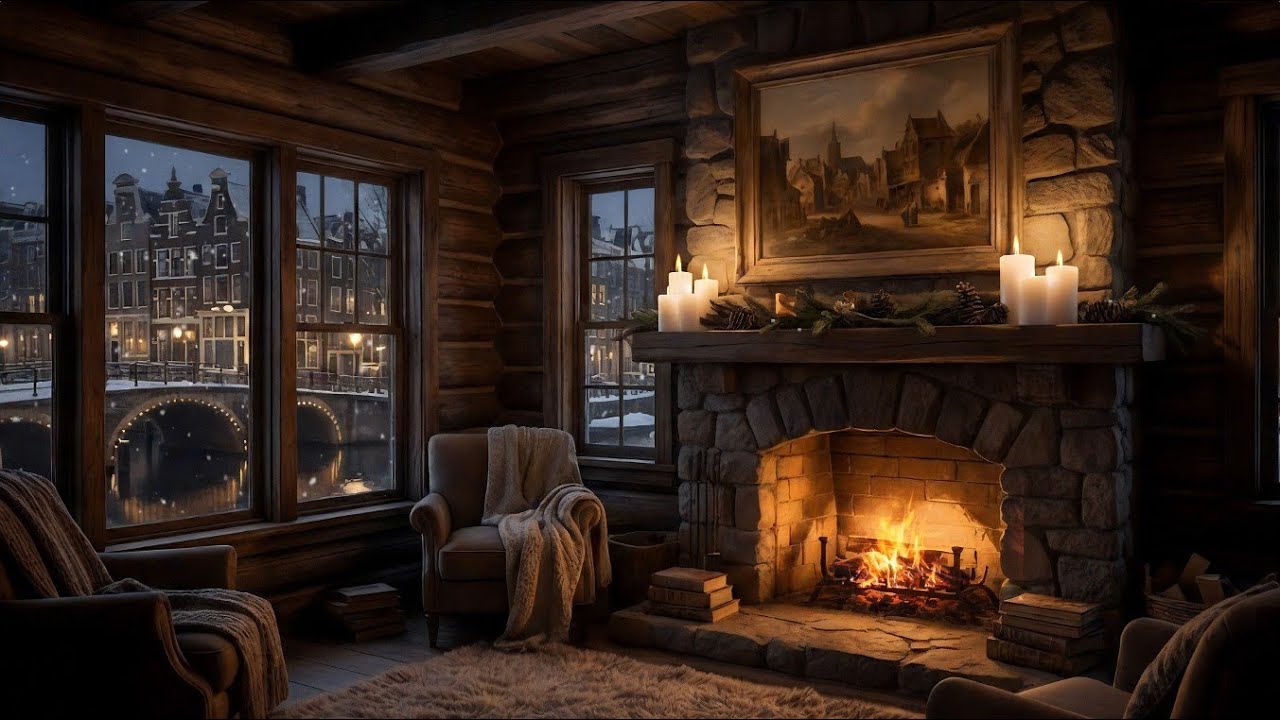 Winter Glow Along the Water | Fireplace ASMR & Snowy Night Ambience
