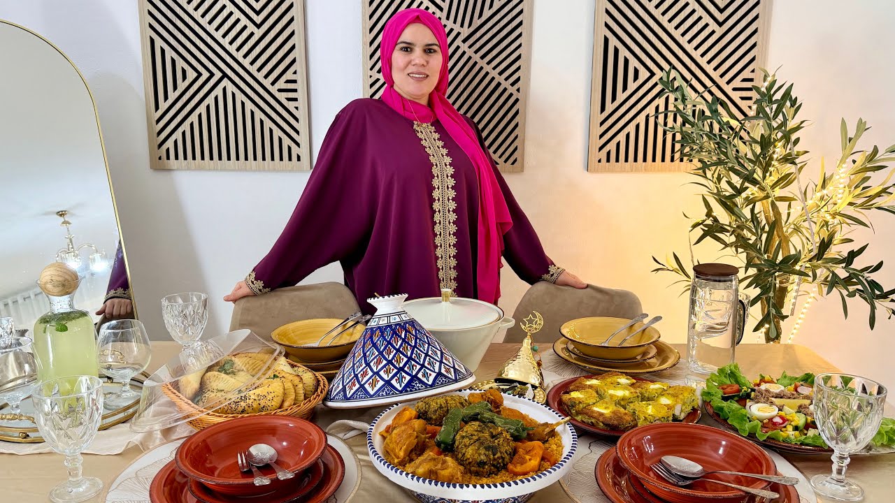 طاولة رمضان 8 🌙 طاولة زمنية من مالح للحلو- كسكسي بالأرنب و العصبان-طاجين تونسي-سوفلي -صمصة للسهرية 