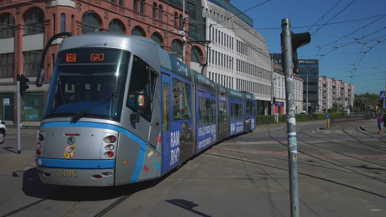 Poland, Wrocław, tram 18 ride from to Wrocław Główny