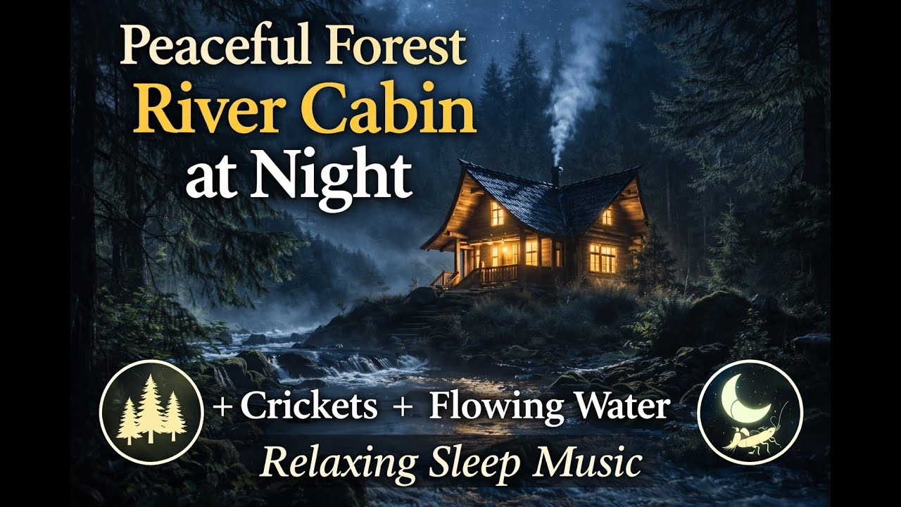 Forest River Cabin Ambience at Night | Water Sounds, Crickets & Relaxing Music